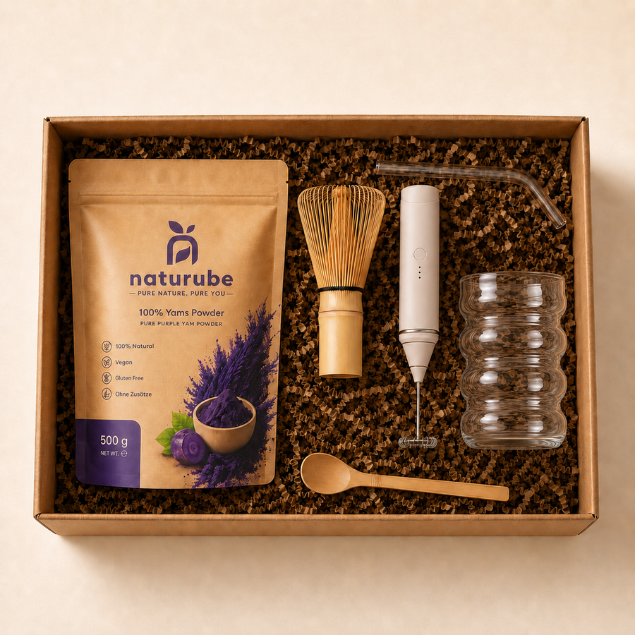 Naturube Experten-Set mit Ube Pulver, geschwungenem Glas und Zubehör